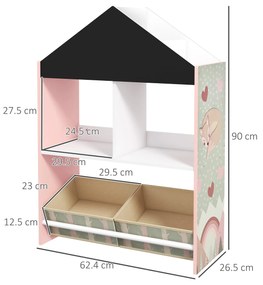 Estante para Brinquedos Organizador Infantil com Prateleiras Abertas e 2 Caixas de Tecido não Tecido Amovíveis 62,4x26,5x90 cm Rosa