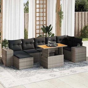 8 pcs conjunto sofás de jardim c/ almofadões vime PE cinzento