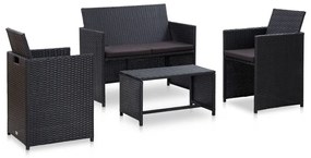 vidaXL 4 pcs conjunto lounge de jardim c/ almofadões vime PE preto