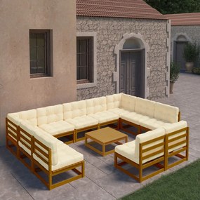 vidaXL 12 pcs conj. lounge jardim almofadões pinho maciço castanho mel