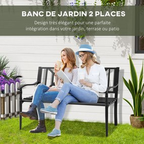 Banco de jardim de 2 lugares 128 x 62,5 x 81,5 cm, para exterior, terraço ou pátio, encosto alto, assento com ripas, braços confortáveis, aço, preto