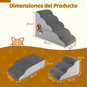 Escada Espuma Animais estimação 5 Degraus 85 x 40,5 x 56 cm, Rampa Transformável Alta Densidade Base Antiderrapante Capa Lavável  Cinza