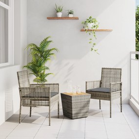 Conjunto de Bistro de Jardim VidaXL com 3 Peças e Almofadas Cinza Rattan Poliéster