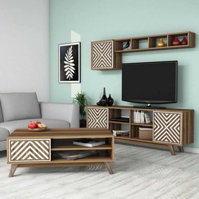 Conjunto de Mobiliário de Sala de Estar Inci – Nogueira e Branco – Div
