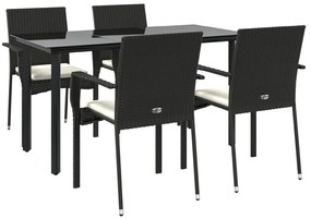 5 pcs conjunto de jantar p/ jardim c/ almofadões vime PE preto
