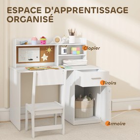 Secretária infantil com cadeira, mesa infantil com cadeira, gaveta, armário, compartimentos abertos, quadro de cortiça, branco