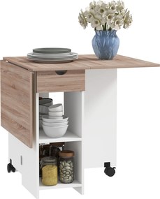 Mesa de Cozinha Dobrável com Rodas Laterais Rebatíveis Gaveta e Prateleiras para 2-4 Pessoas 120x72x75 cm Madeira Branco