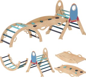 AIYAPLAY Triângulo de Escalada Montessori 7 em 1 Estrutura de Escalada de Madeira Tema de Foguete Azul | Aosom Portugal