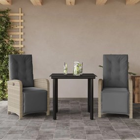 3 pcs conjunto bistrô com almofadões vime PE cinzento claro