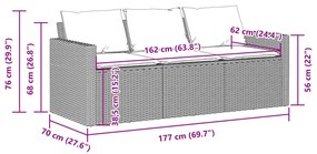 Sofá de jardim de 3 lugares c/ almofadões vime PE cinza-claro