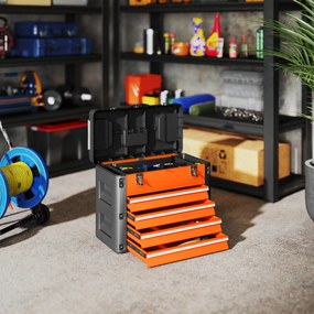 Caixa de Ferramentas com 4 Gavetas, 49,7 x 25,3 x 40,7 cm, Tabuleiro Superior Amovível, Laranja