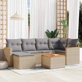 7 pcs conj. sofás jardim c/ almofadões vime PE bege misturado