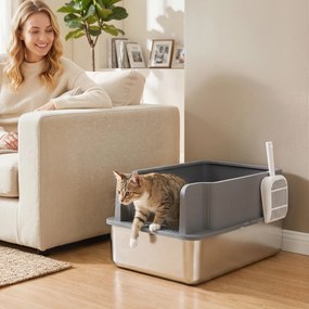 Caixa de Areia para Gatos em Aço Inoxidável com Peneira Laterais Altas Pá e 10 Resguardos Cinzento-Escuro