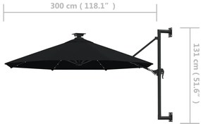 Guarda-sol para jardim de parede com luzes LED 300 cm preto