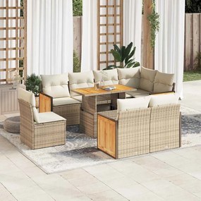 vidaXL 9 pcs conjunto sofás jardim com almofadões vime PE/acácia bege