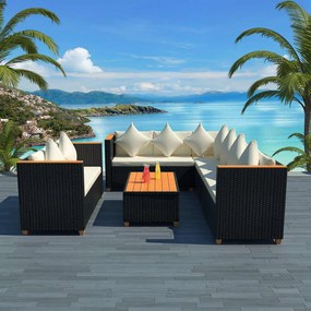 vidaXL 5 pcs conjunto lounge de jardim c/ almofadões vime PE preto
