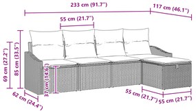 Conjunto de Sofás de Jardim de 5 Peças com Almofadas Preto Rattan Poly