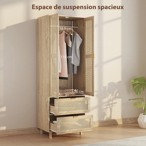 Guarda Roupa de Quarto com 2 Portas e 2 Gavetas, 63 x 47 x 185 cm, Design em Rotim, Madeira Natural