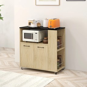 Carrinho de Cozinha com Rodas 2 Portas Prateleira Ajustável Porta-Especiarias para Sala de Jantar 75x40x80,5 cm Madeira
