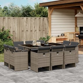 vidaXL 11 pcs conjunto jantar p/ jardim c/ almofadões vime PE cinzento