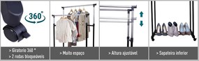 HOMCOM Charriot com Altura Ajustável Cabide com 4 Rodas para Roupa Aço Inoxidável 80x43x85-155cm Preto