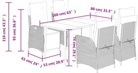 5 pcs conjunto de jantar p/ jardim com almofadões vime PE bege
