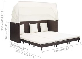 Espreguiçadeira extensível 3 lugares com toldo vime PE castanho