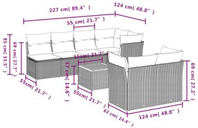 8 pcs conjunto sofás p/ jardim c/ almofadões vime PE cinzento