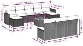 11 pcs conjunto sofás de jardim c/ almofadões vime PE cinzento