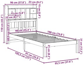 Cama com estante sem colchão 90x190 cm pinho maciço