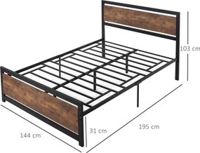 Estrutura de cama de casal em aço com base de cama e cabeceira, compatível com colchões de 190 x 140 cm (NÃO INCLUÍDO), com acabamento em madeira escu