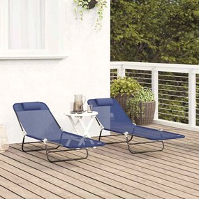 Espreguiçadeiras Dobráveis 2 pcs com Apoio de Cabeça Azul Textilene