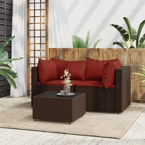 vidaXL 3 pcs conjunto lounge jardim c/ almofadões vime PE castanho