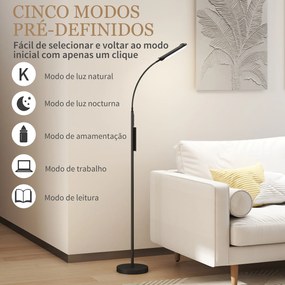 Candeeiro de Pé LED com Controlo Remoto e Tátil 5 Modos de Iluminação Temporizador de 60 Minutos Memória Ø22x175 cm Preto