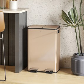 Caixote do lixo de cozinha com 2 compartimentos de 2 x 28 L, aço inoxidável, tampa com fecho suave, 45,8 x 36 x 67,6 cm, dourado