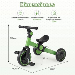 Bicicleta Infantil 5 em 1, 66 x 48,5 x 51,5 cm, Dobrável, Verde