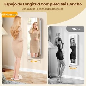 Armário para joias com espelho 42 cm x 10 cm x 107,5 cm e 6 luzes LED de parede ou porta com fecho Espelho arredondado branco