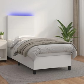 Cama box spring c/colchão/LED 100x200cm couro artificial branco