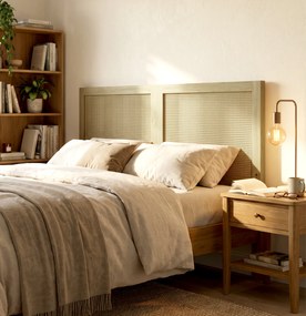 Cabeceira de Madeira com Efeito Rattan, Design Boho, para Quarto, 140 x 4 x 87 cm, Cor Carvalho