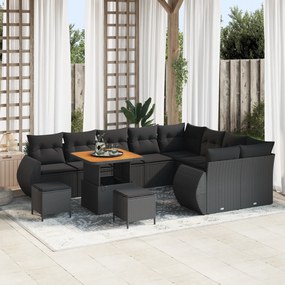 Conjunto de Sofa de Jardim vidaXL 12 Peças com Almofadas Preto Vime Po