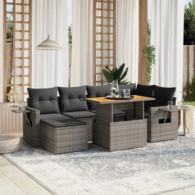 7 pcs conjunto sofás p/ jardim c/ almofadões vime PE cinzento