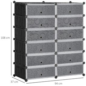Sapateira Modular de Cubos de Plástico Armário Modular para Sapatos com 12 Cubos com Porta Desenho de DIY 94x37x108 cm Preto