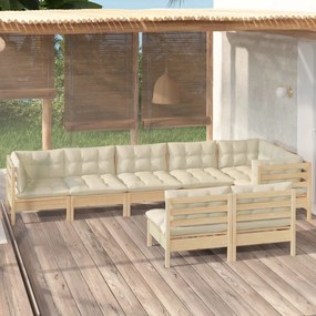 vidaXL 8 pcs conjunto lounge jardim c/ almofadões creme pinho maciço