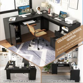 Secretaria computador de canto em L com gavetas e bandeja para teclado para escritorio 168 x 168 x 76 cm Preto