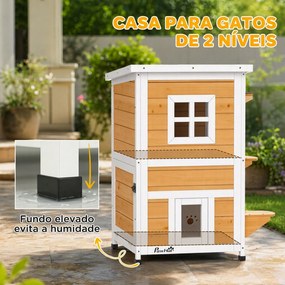 Casa de Madeira para Gatos de Exterior 2 Níveis com 3 Portas e Janela Amarela