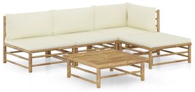 vidaXL 5 pcs conj. lounge p/ jardim em bambu c/ almofadões branco nata