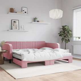 Sofá-cama com gavetão e colchões 100x200 cm veludo rosa