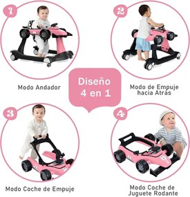 Andarilho 4 em 1 para crianças dobrável para actividades de empurrar com altura e velocidade ajustáveis Carrilhão com luzes Volante Rosa