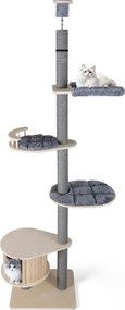 Árvore para gatos de 5 níveis Torre de madeira ajustável de 236-271 cm de altura com gancho casa Postes para arranhar Plataformas cinzentas