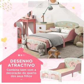 Cama para Crianças de Madeira com Barreira de Proteção e Estampados Carga Máx. 40 kg 77x143x60 cm Rosa